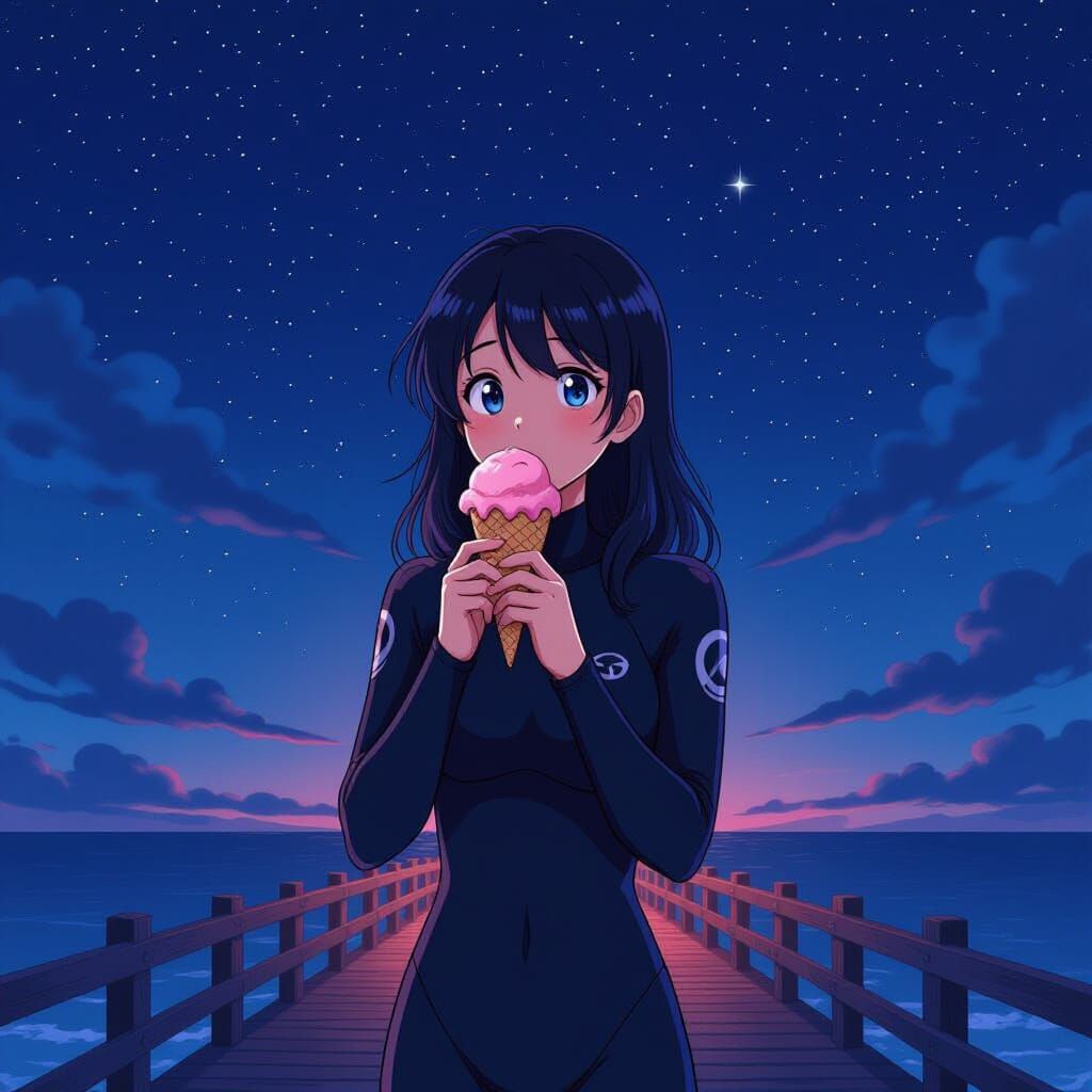 Female Surfer Under Starry Sky: Anime Style