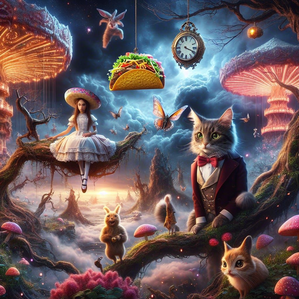 Wonderland Scene with Taco in Hyperrealistic Style