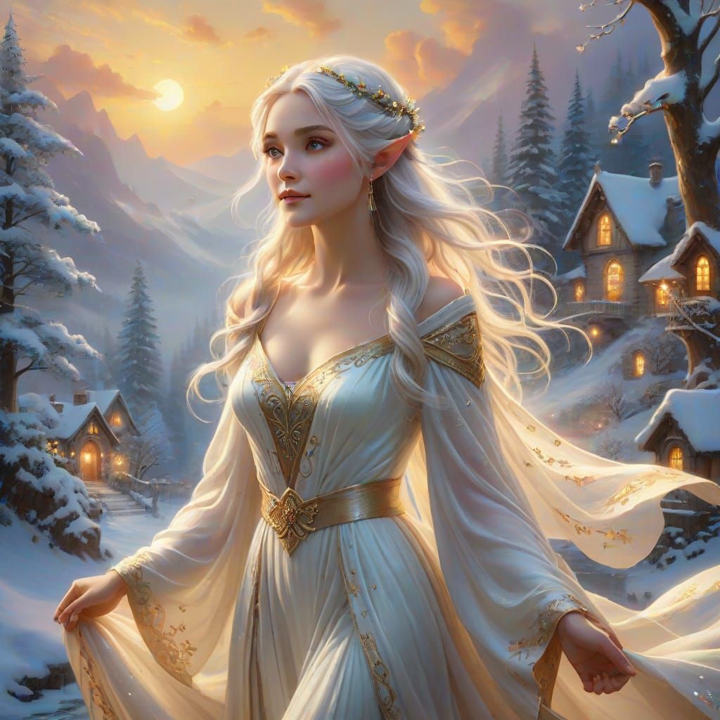 Enchanting Winter Fantasy Princess in Thomas Kinkade Style