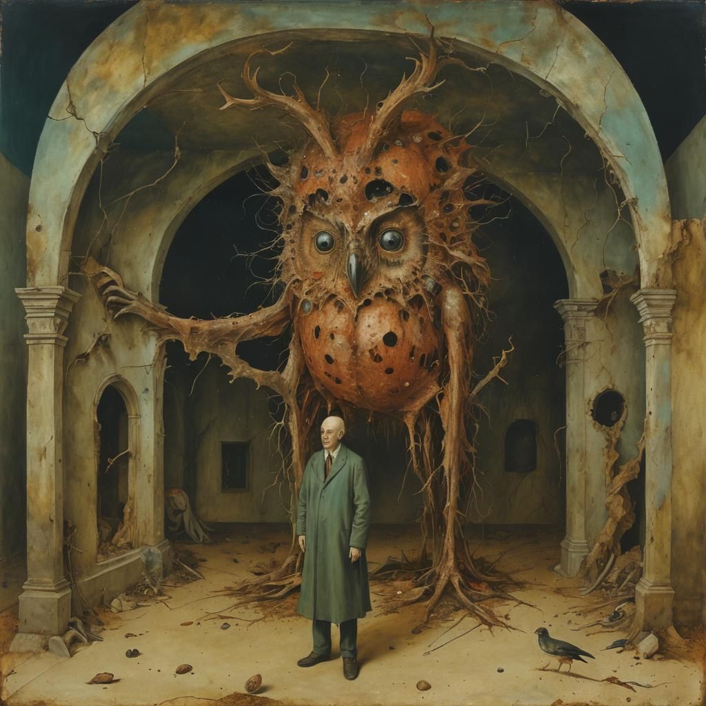 Surreal Owl-Headed Man in Decaying Cityscape