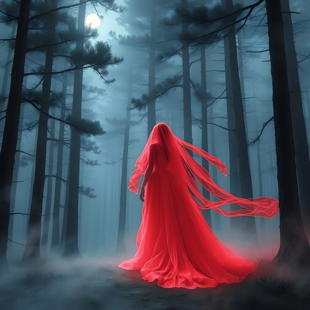 Ghostly Bride in Foggy Forest at Dawn