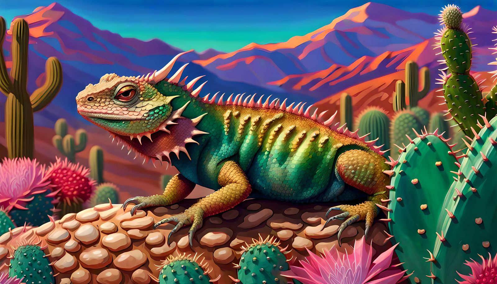 Metallic Dragon-Scaled Lizard in Desert Sunset