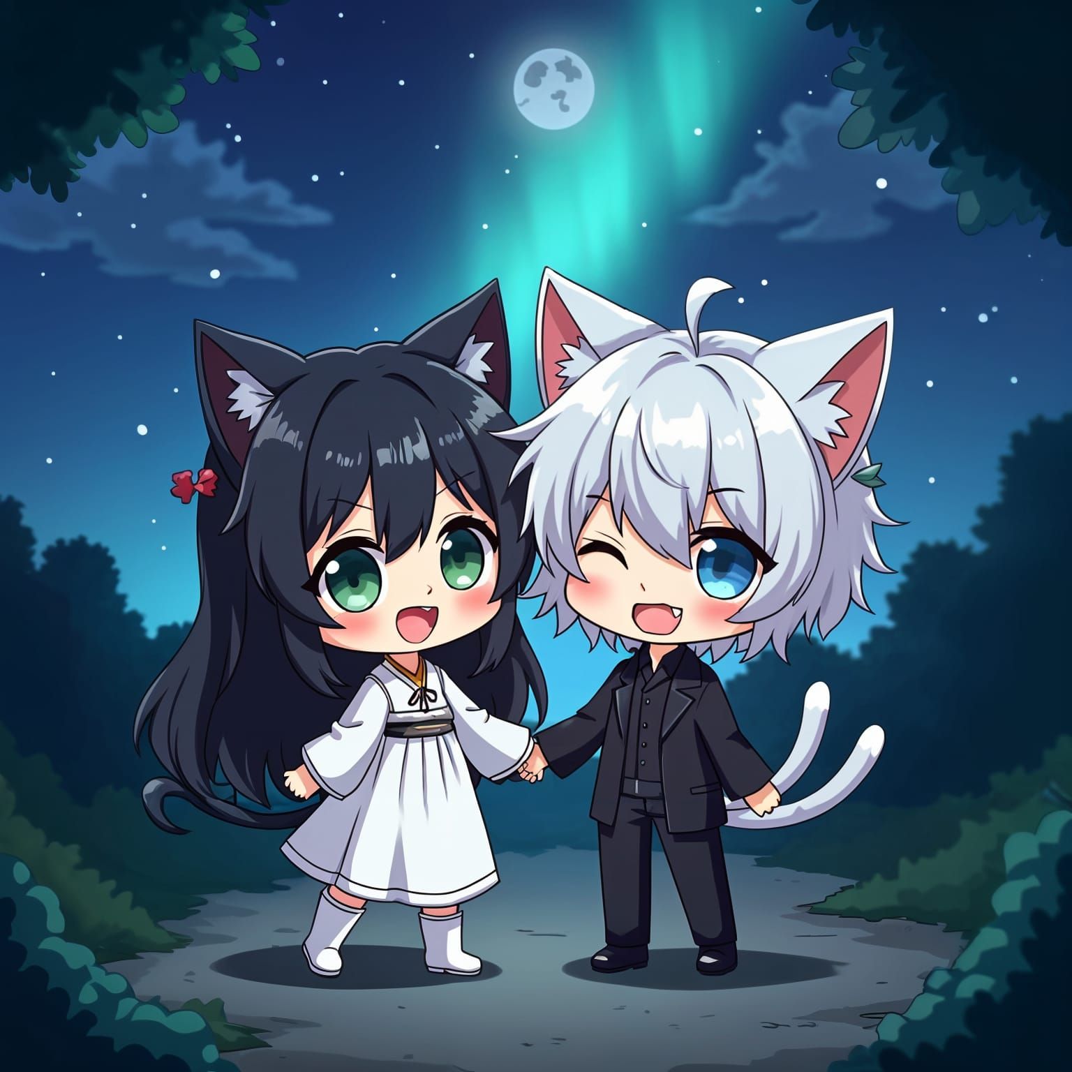 Whimsical Catfolk Duo Under Starry Night