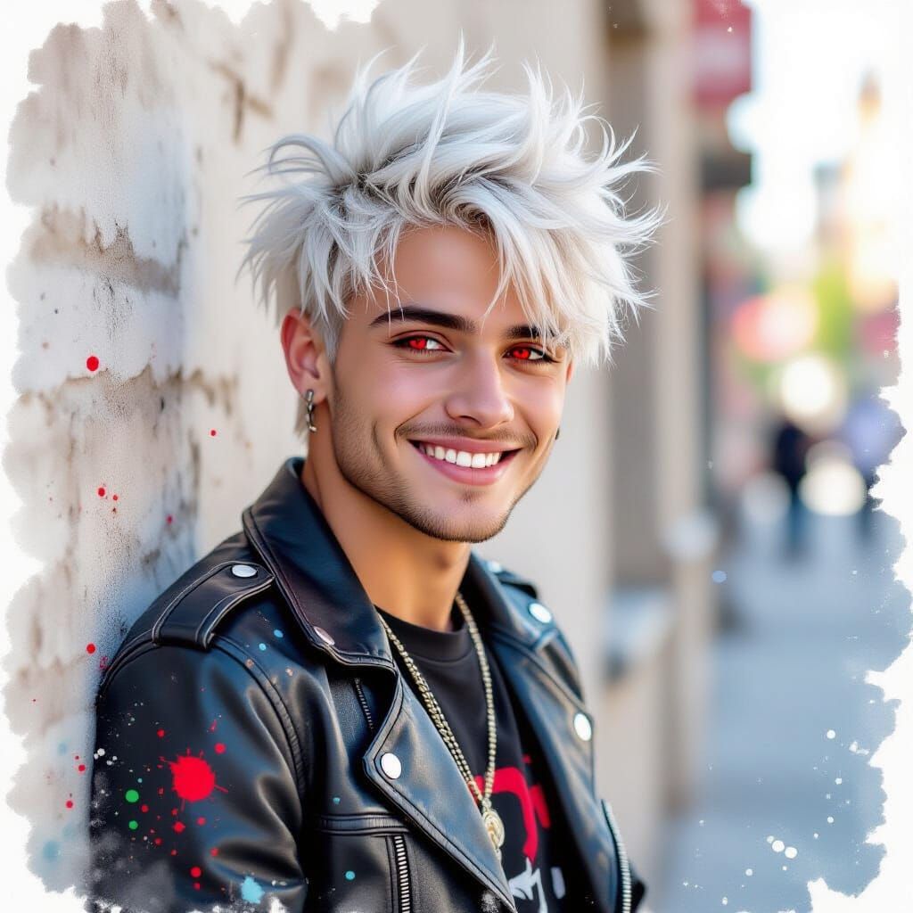 Punk Rock White-Haired Man in Watercolor Style