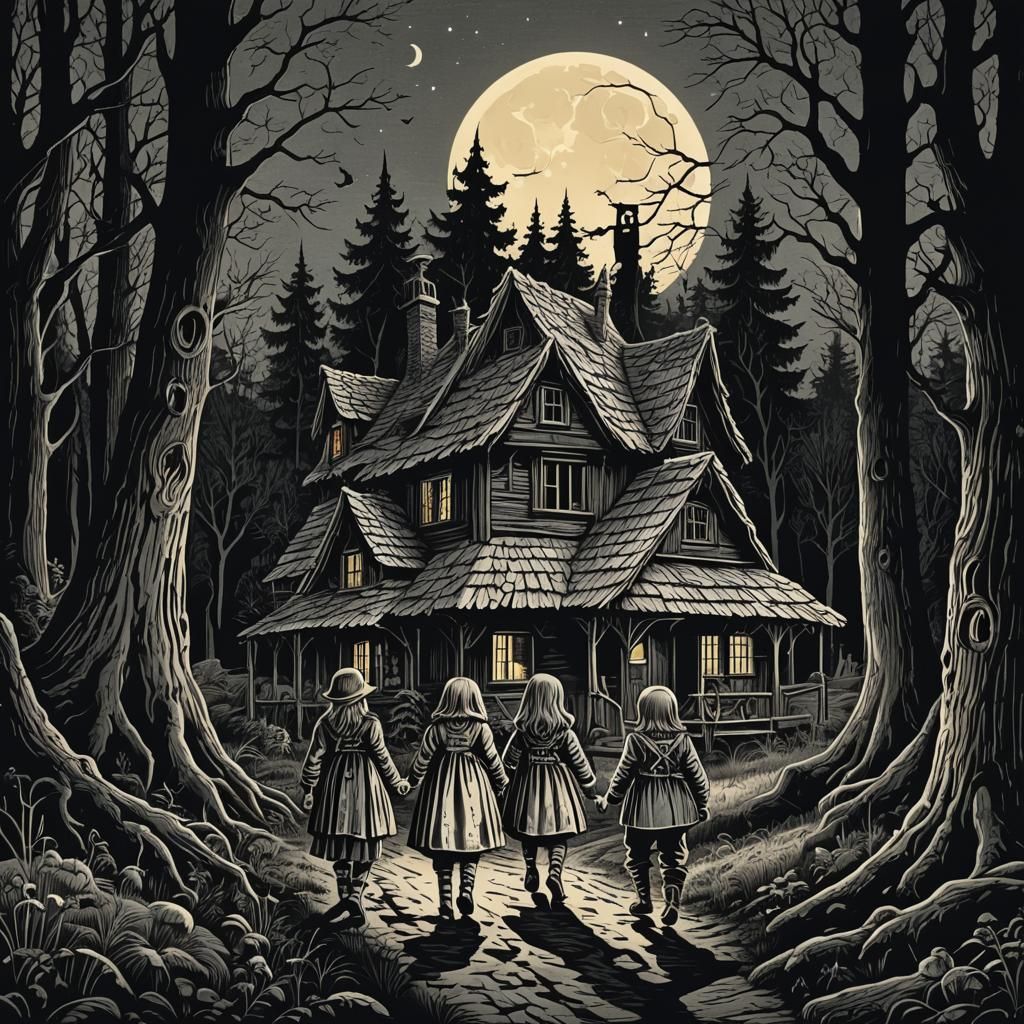 Hansel and Gretel escape from the gingerbread house, carryin...