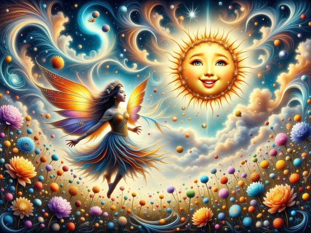 Vibrant Fractal Fairy Soars Above Lush Spring Meadow