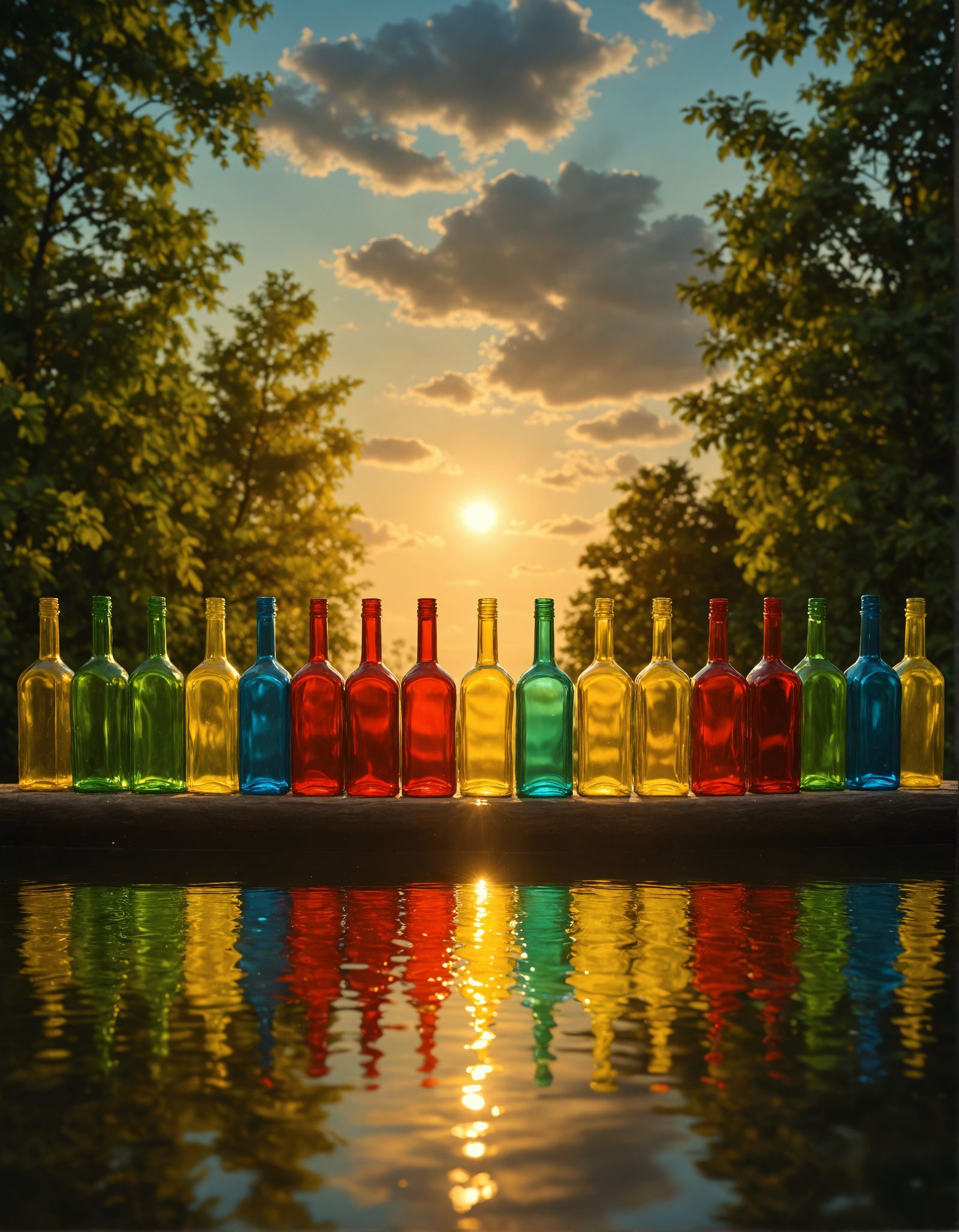 Hyperrealistic Multicolored Bottles Reflect in Water