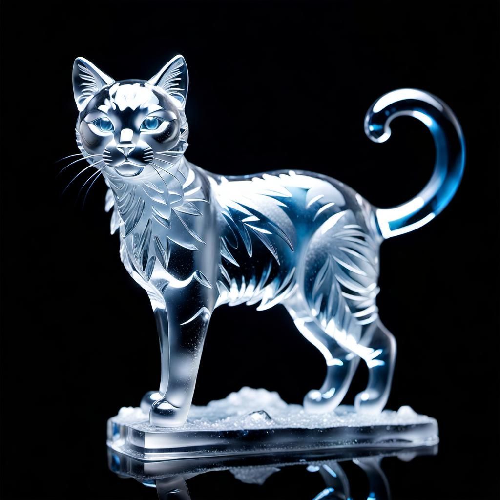 Hyperrealistic Ice Cat Sculpture in Sunlight