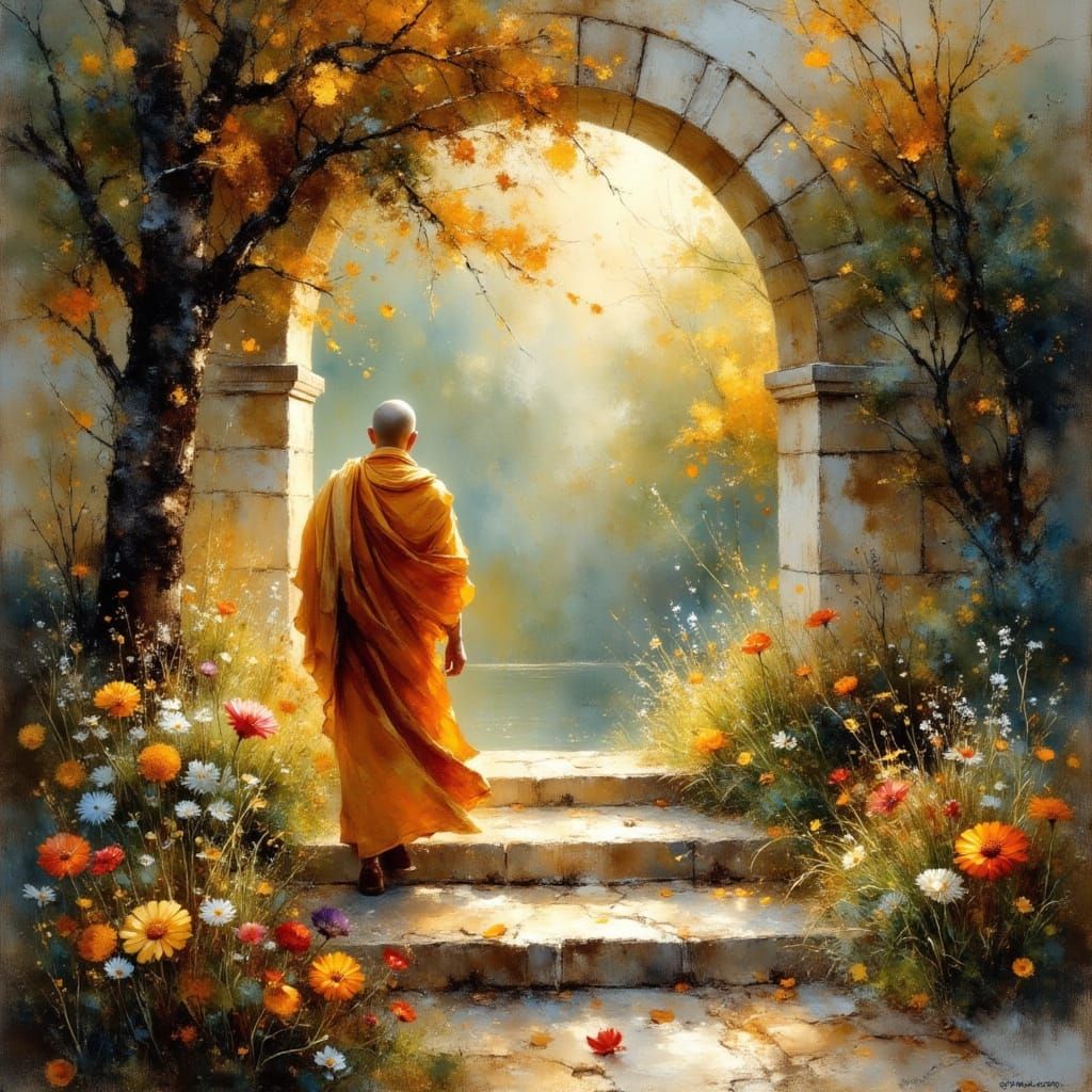 Monk's Journey Inward: Ethereal Temple Scene