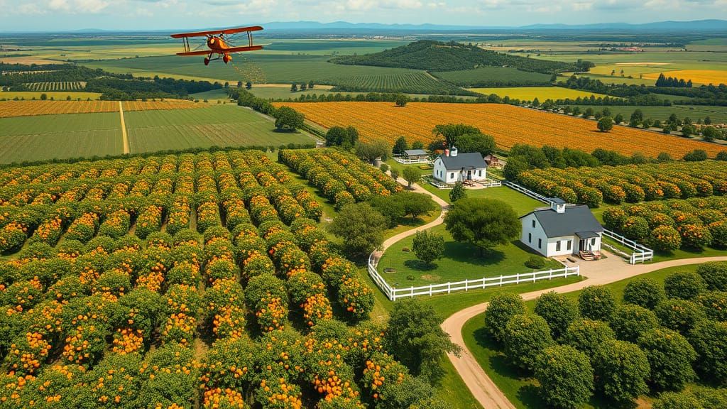 Orange Orchard Vista with Biplane in Gouache Style