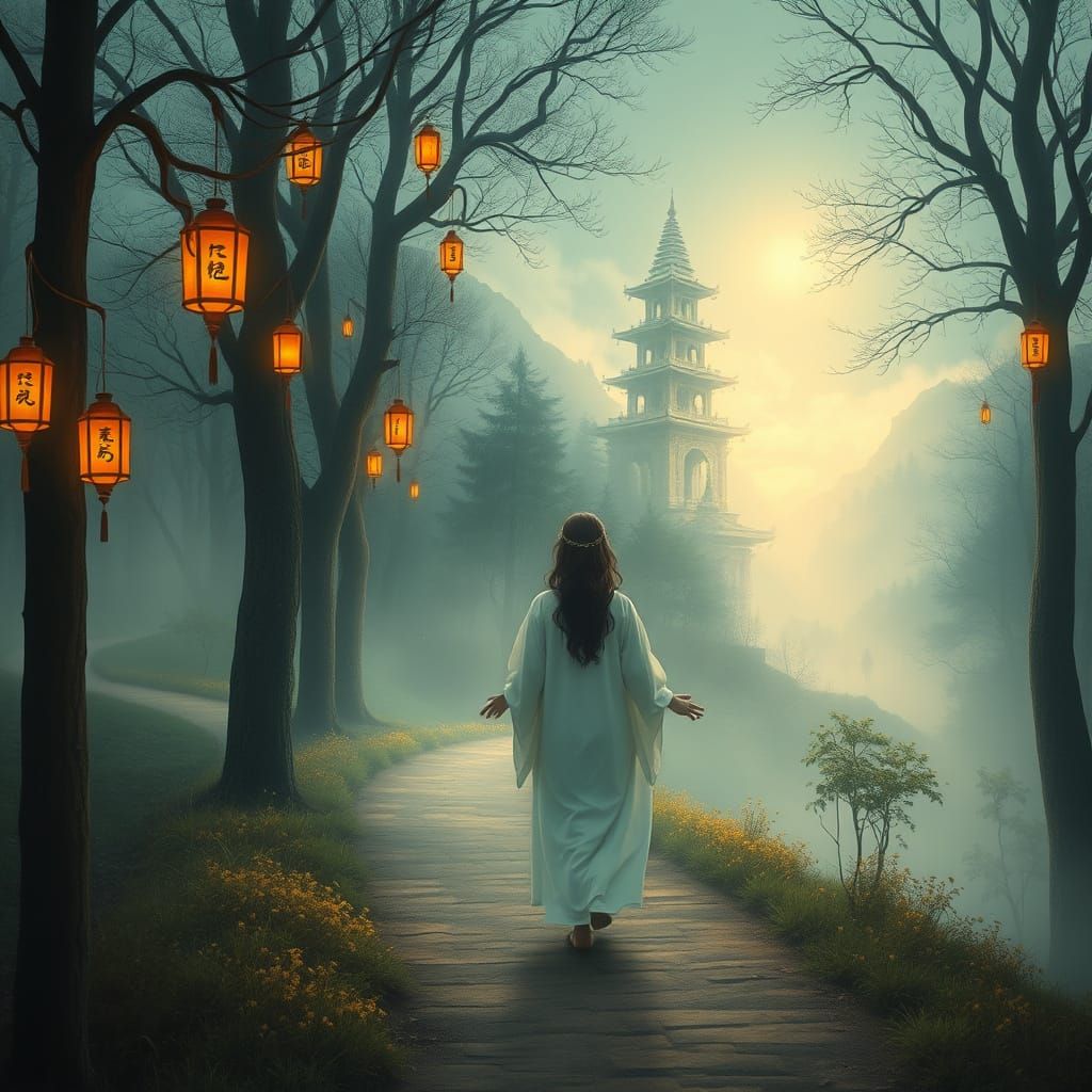Mystical Forest Path in Whimsical Realism Style