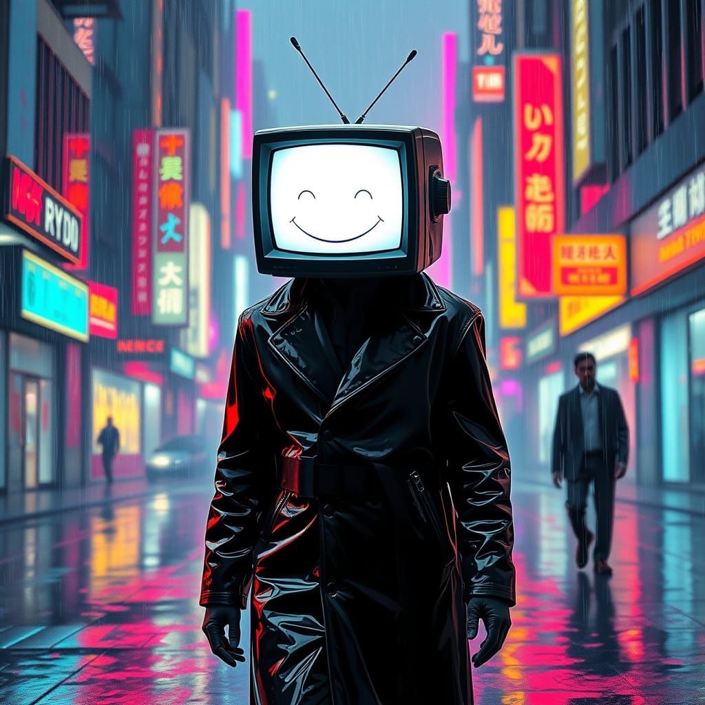 Television Head Walks in Neon Cityscape