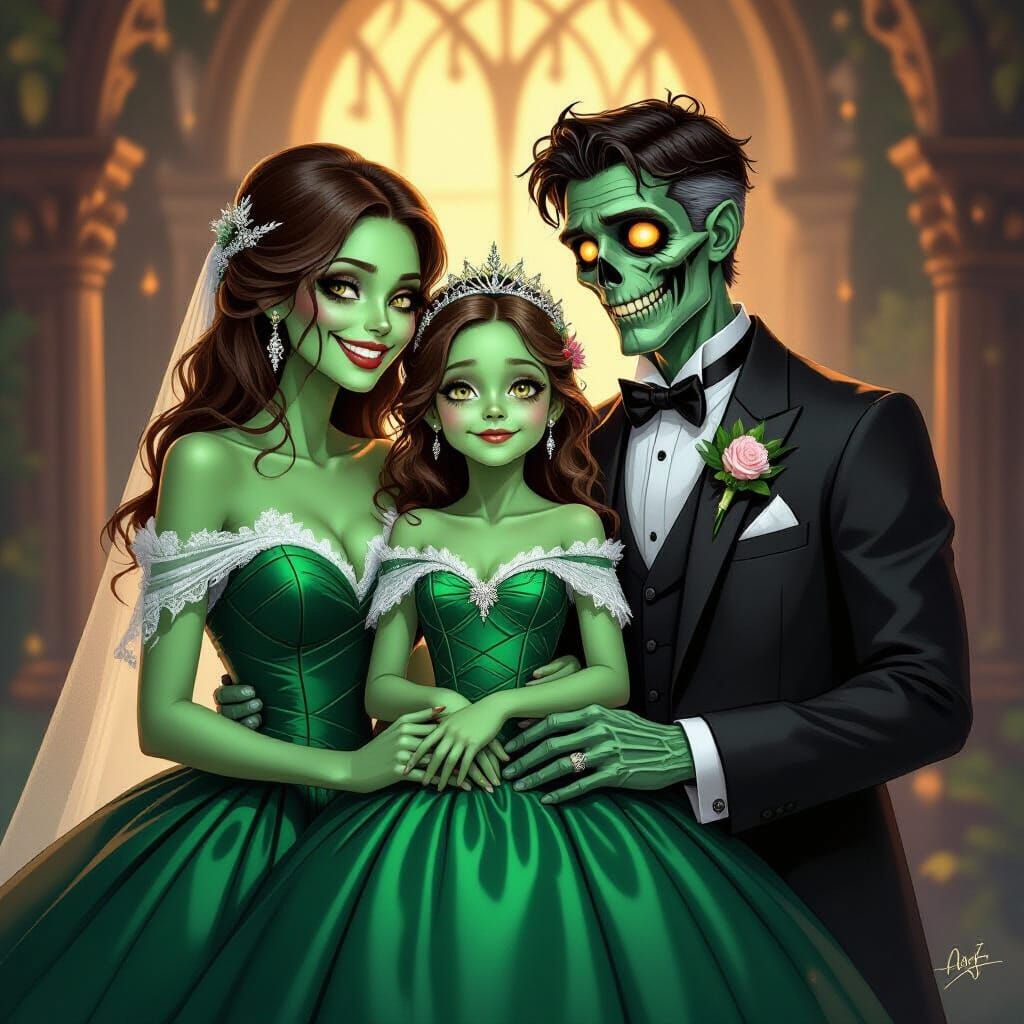 Zombie Family Portrait in Whimsical Storybook Style