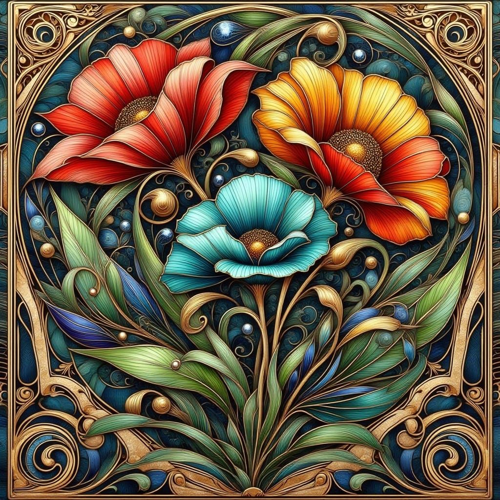 Art Nouveau Poppies in Ornate Golden Frame