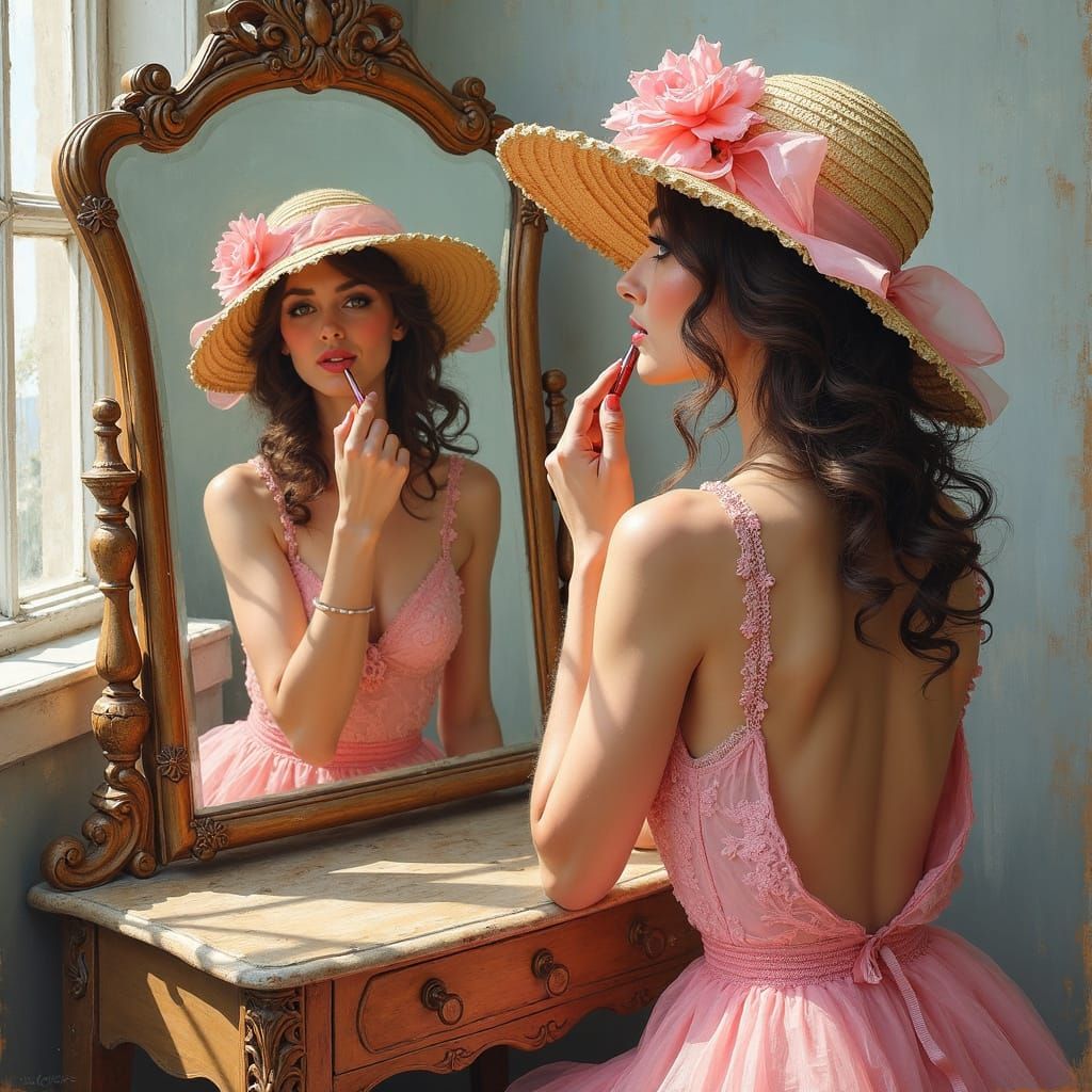 Glamorous Woman Applies Lipstick as Impasto Painting