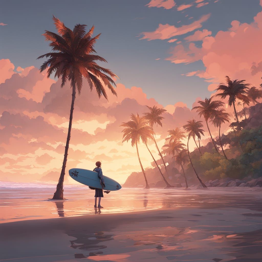 Sunset Surfer: Hyper-Realistic Digital Art in Anime Style