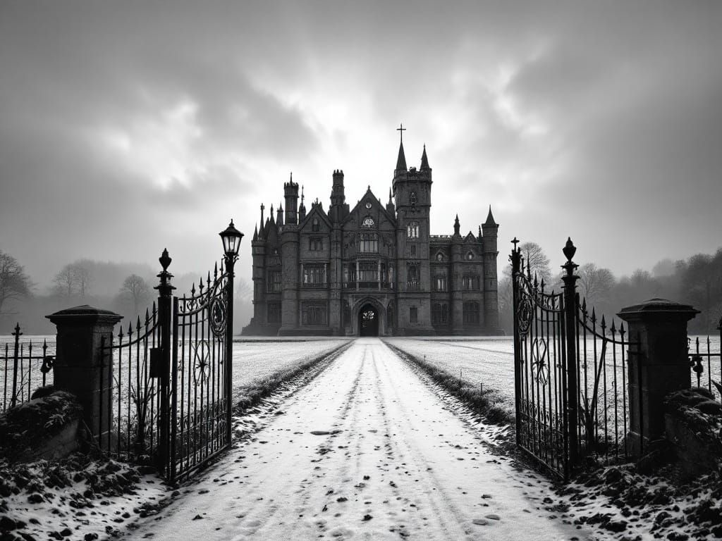 Gothic Fantasy Mansion in Snowy Cumbria Landscape