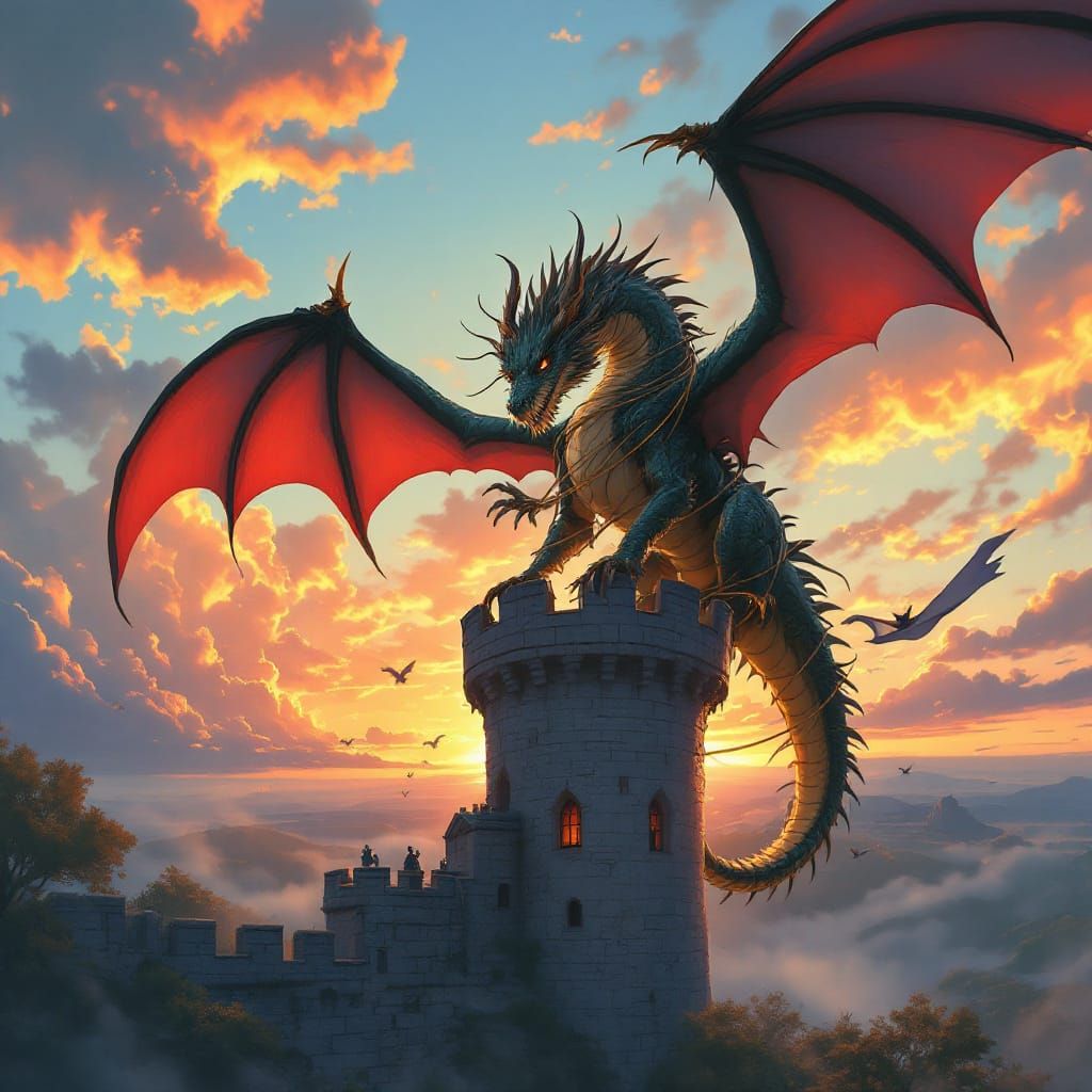 Dragon Tumbles Comically Landing on Castle Turret at Sunset