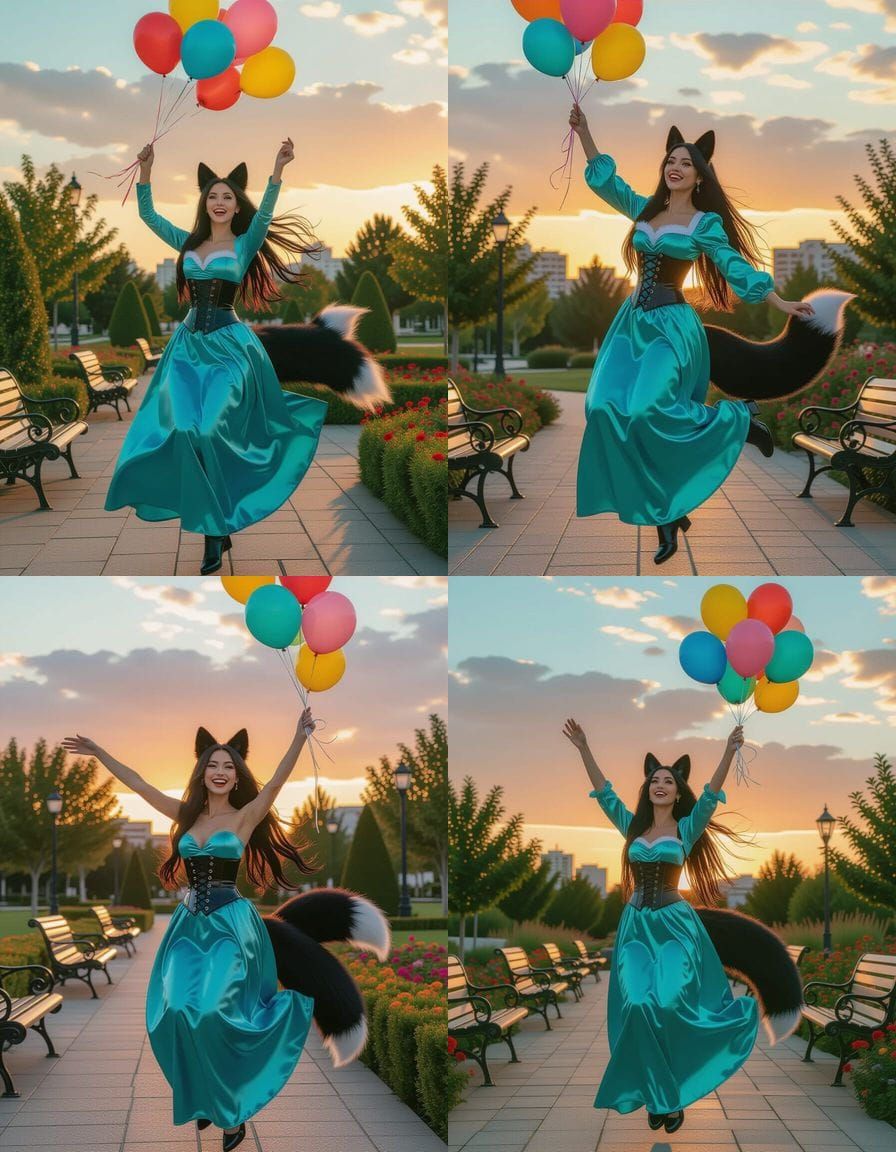Fox-Eared Woman Leaping for Balloons in City Park