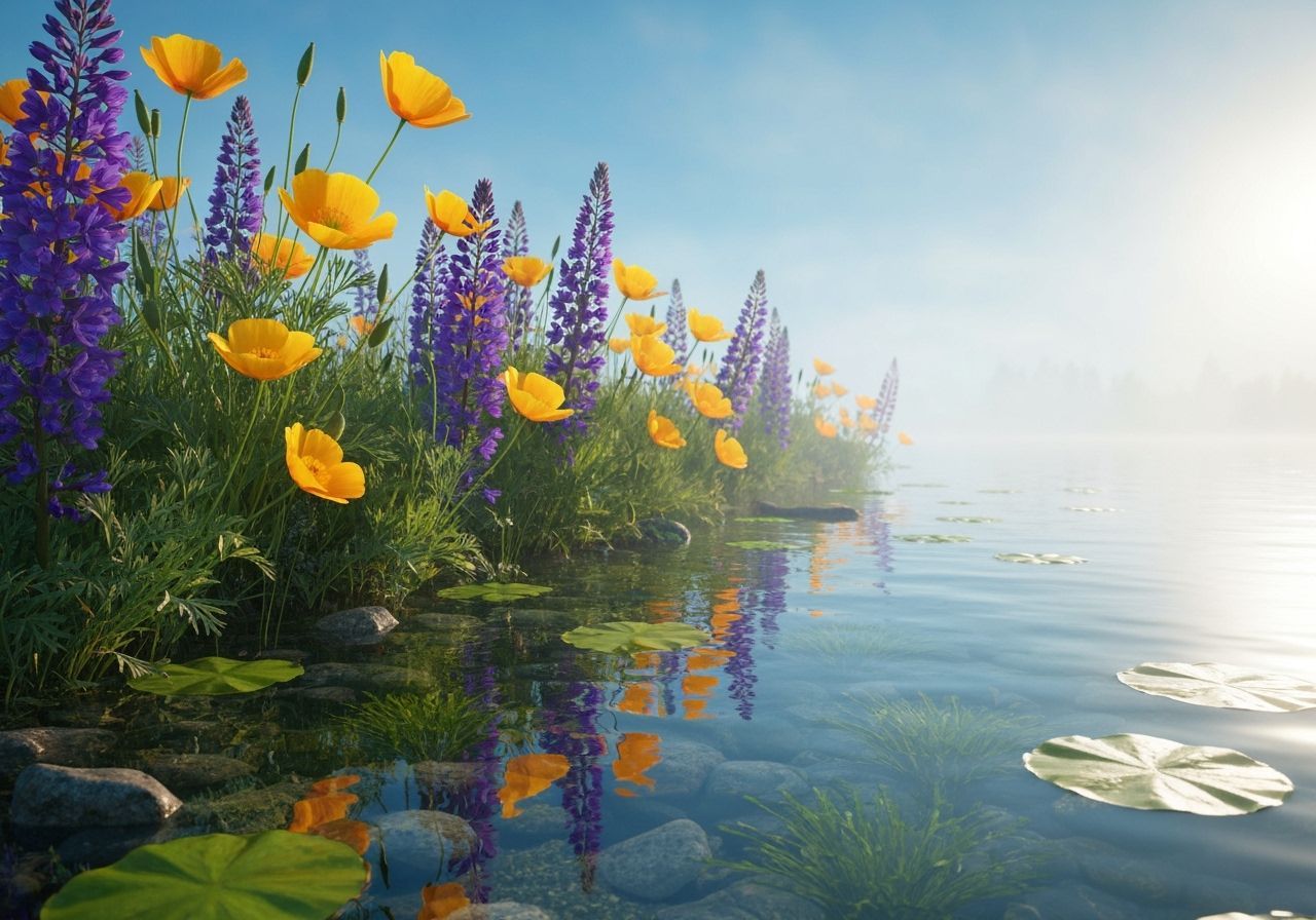 Vibrant Poppies and Wildflowers by Calm Water