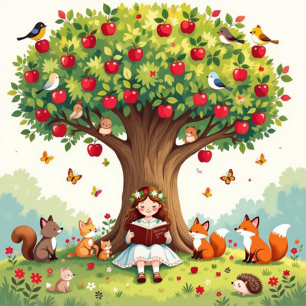 Whimsical Apple Tree with Forest Animals