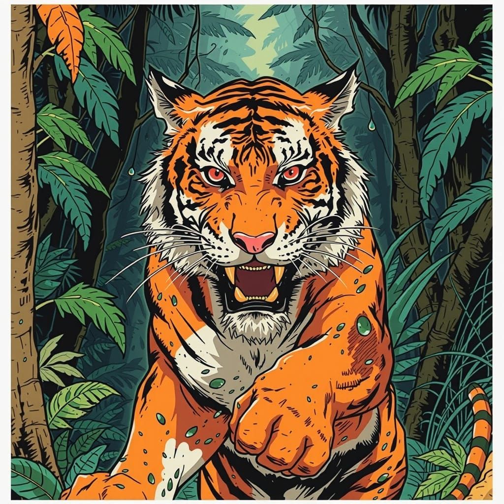 Tiger Sprinting Through Jungle in Comic Book Style