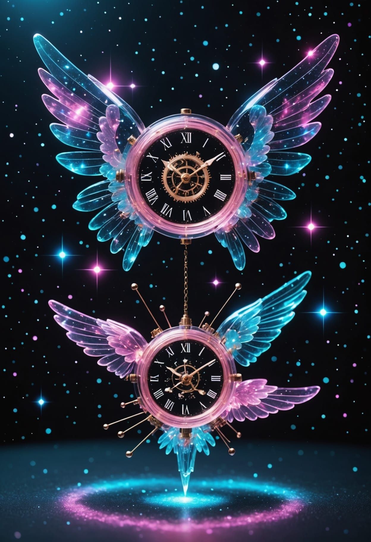 Clockwork Wings Soar Through Neon Galaxy