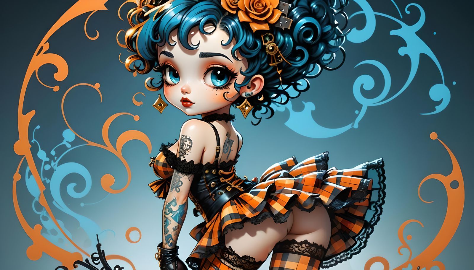 Steampunk Betty Boop Chibi Portrait with Musical Swirls