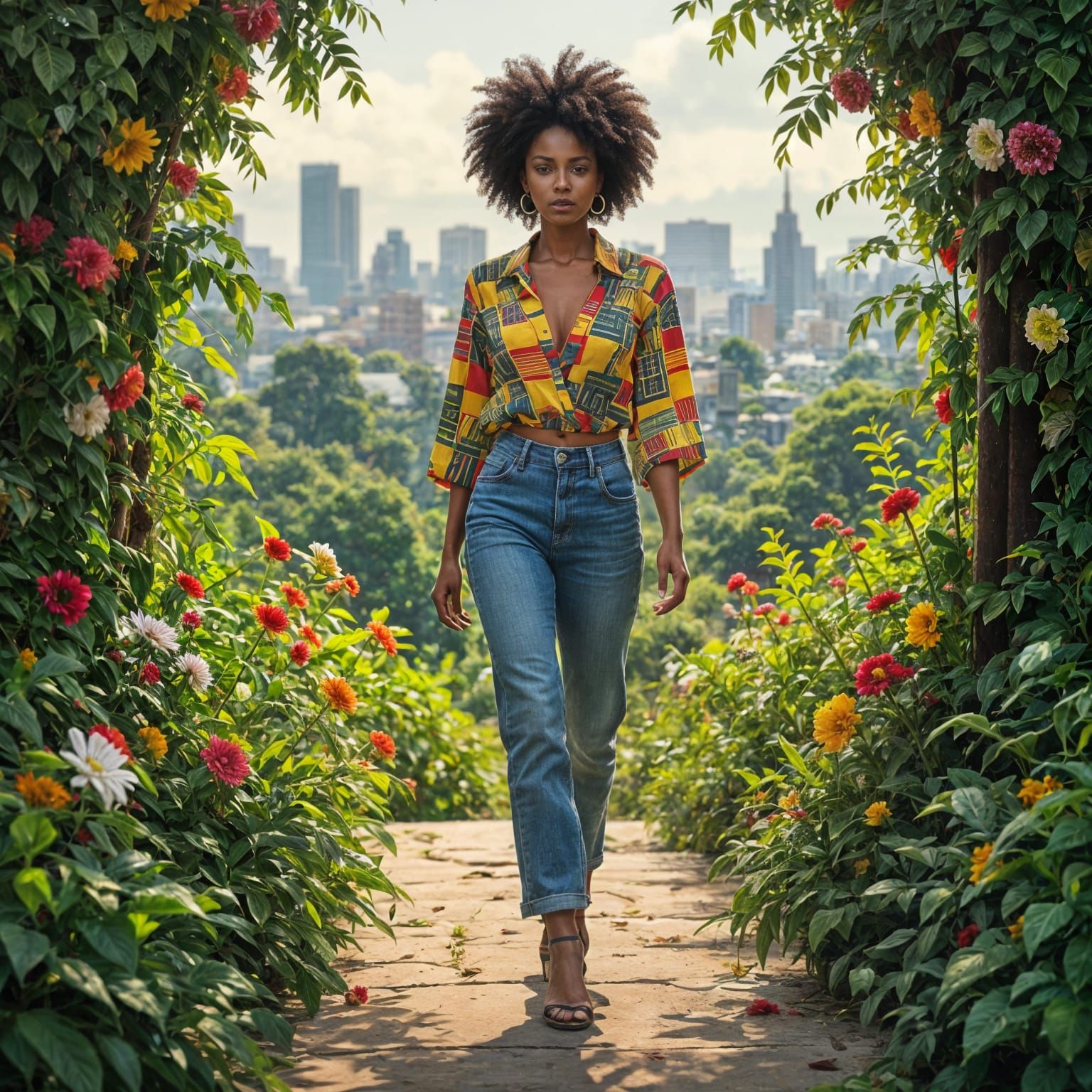 Afrofuturist Woman Walks in Nairobi Garden