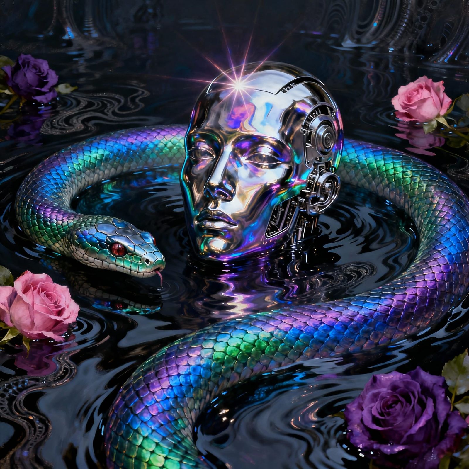 Surreal Chrome Face Emerges from Shimmering Liquid, Biomecha...