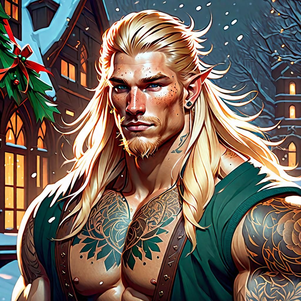 Nordic Herald with Christmas Tattoos in Winter Landscape