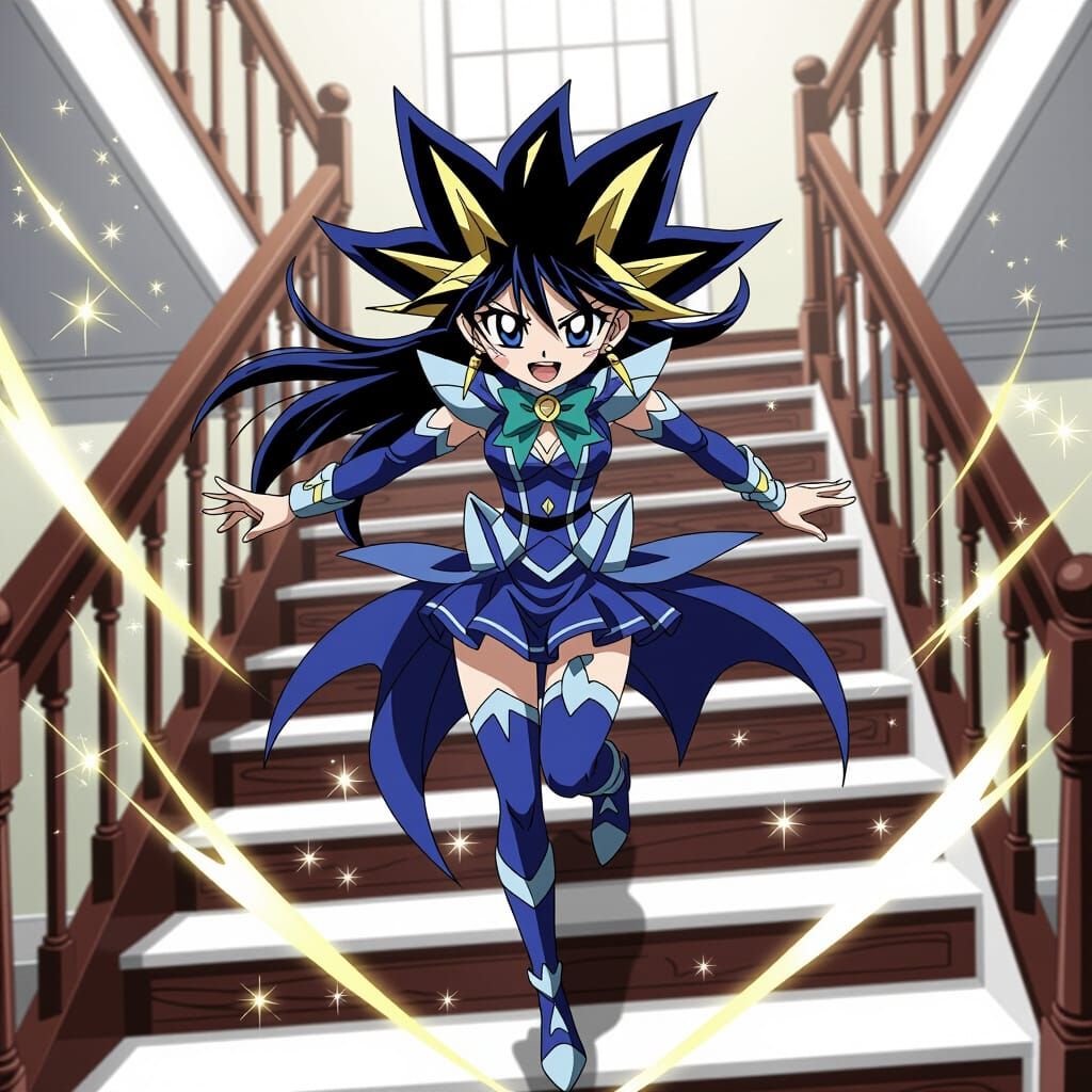 Anime Witch Slipping Down Stairs in Yu-Gi-Oh! Style
