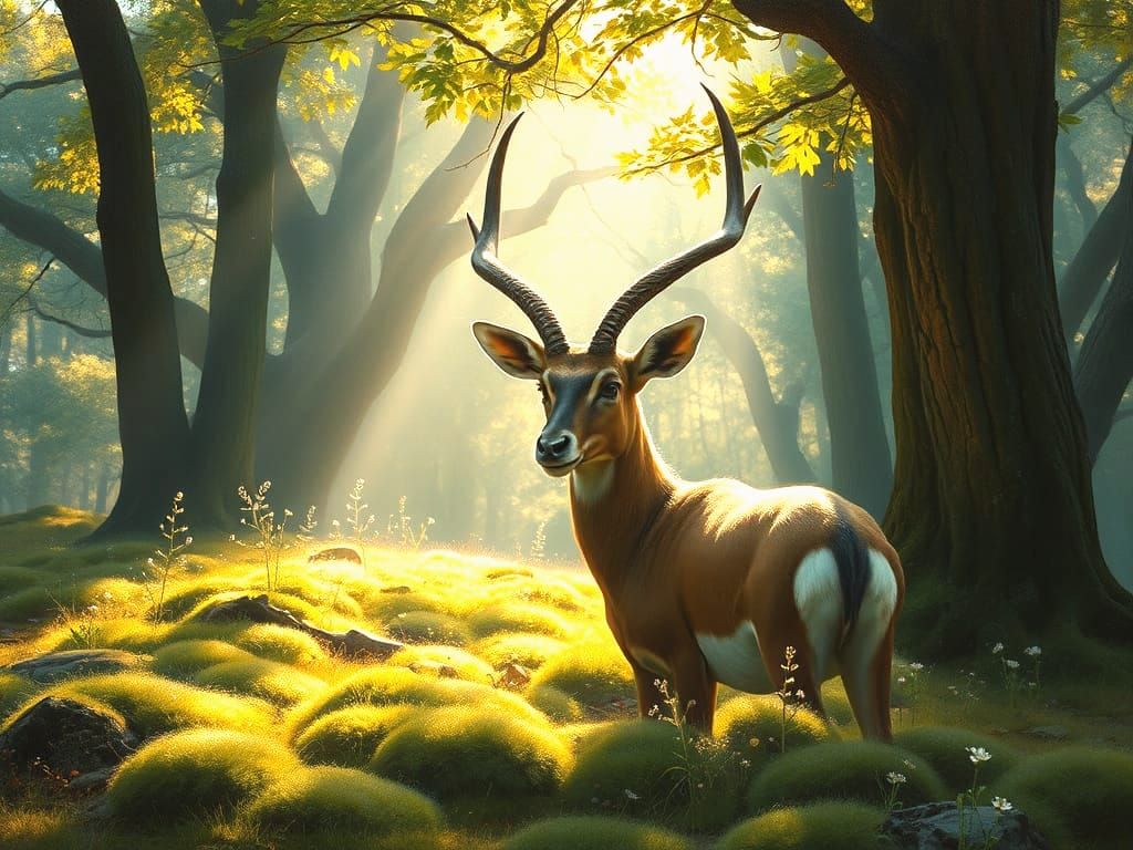 Majestic Gazelle with Crystalline Antlers in Sunlit Forest