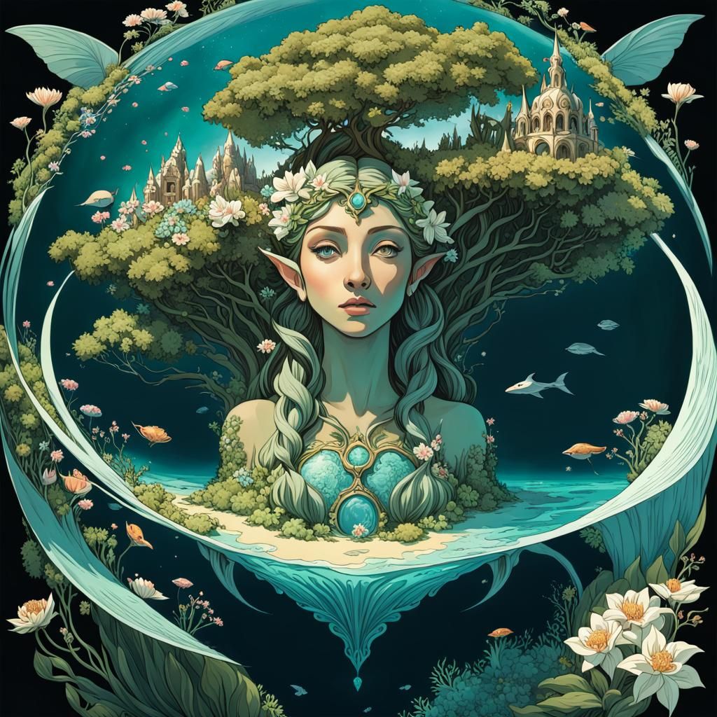 Elf-Shaped Island Oasis in Art Nouveau Style