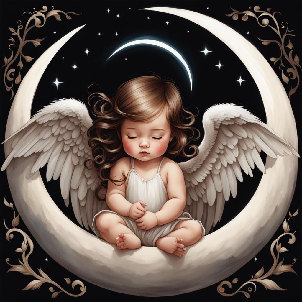 BROWN HAIRED BABY ANGEL ON CRESCENT MOON 1