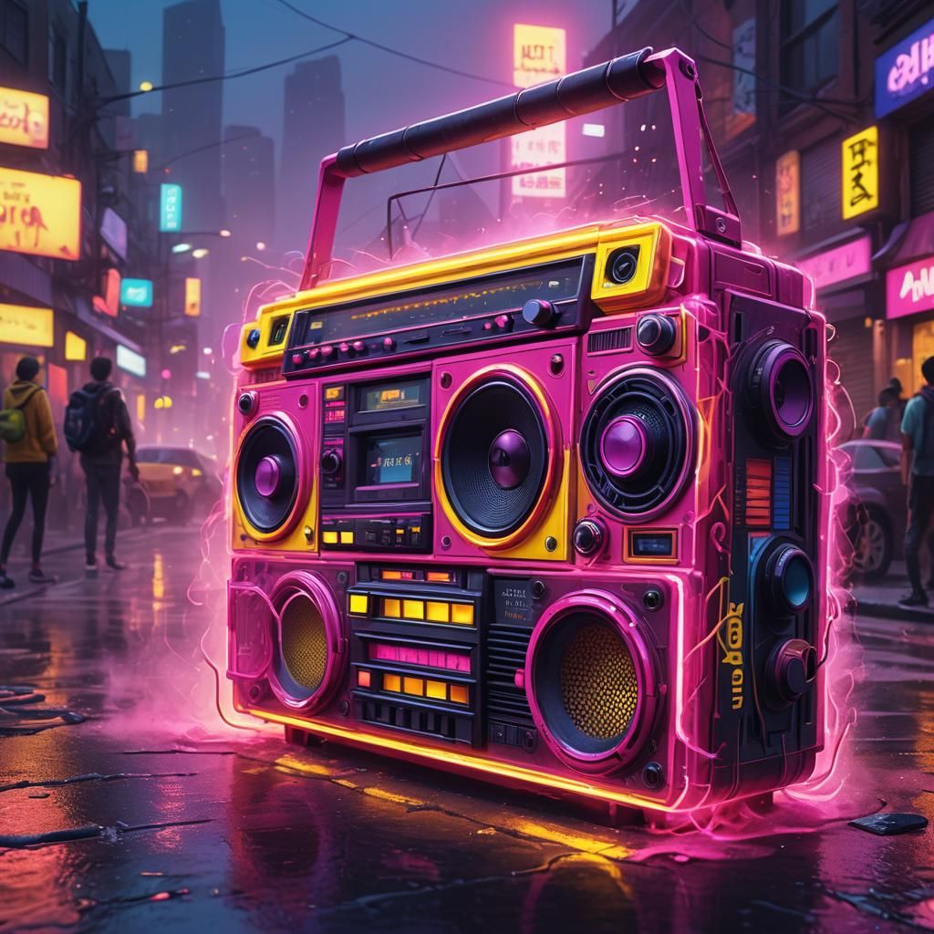 Hot Pink and Yellow Boombox in Cyberpunk Street
