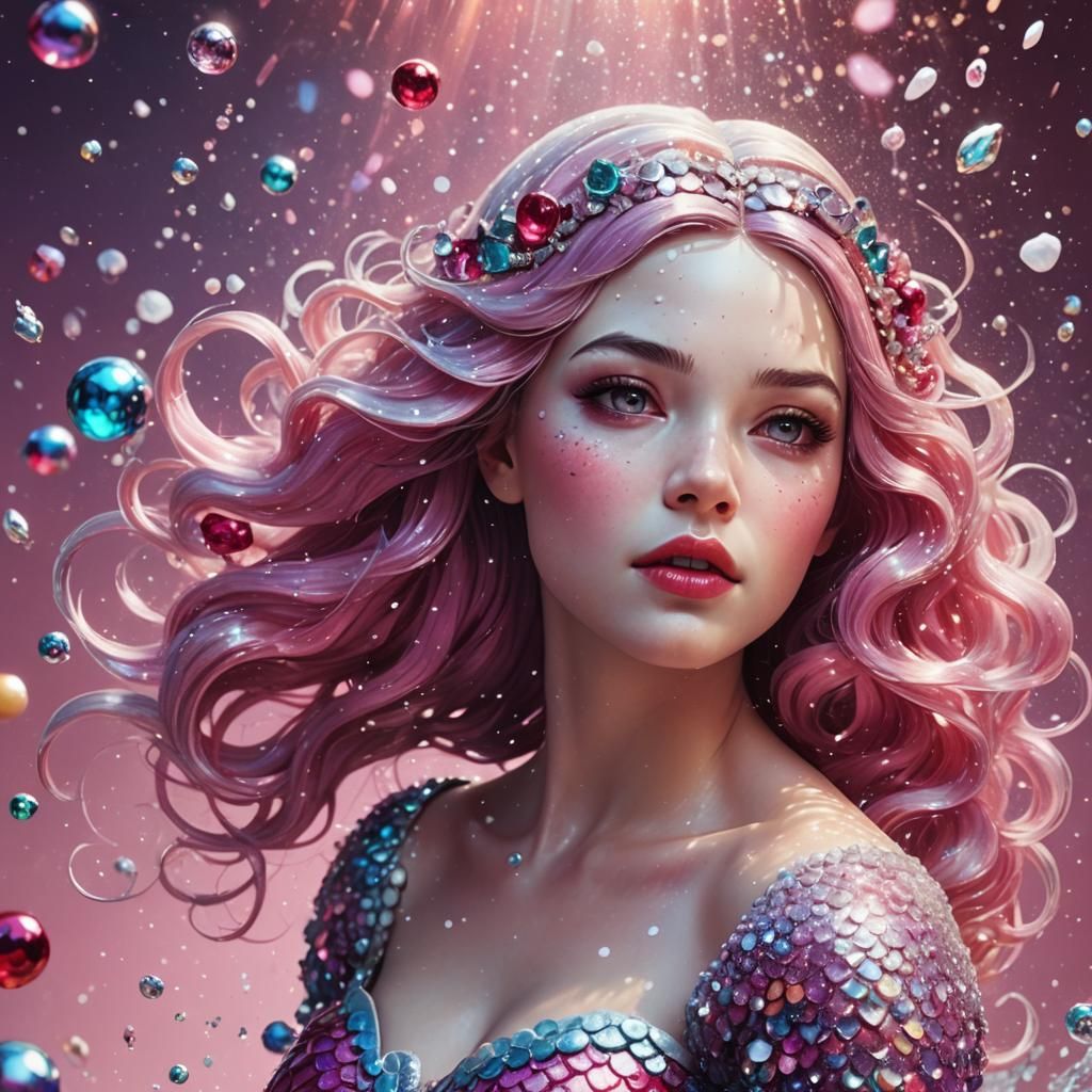 Hyperrealistic Snow White Space Mermaid with Pink Sparkles