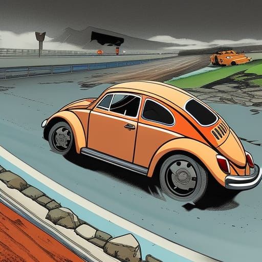 Old volkswagen beetle on a race track. With Japanese surroundings