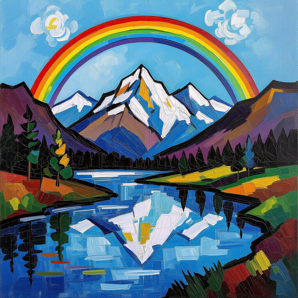Mountain Rainbow Impasto Oil Painting