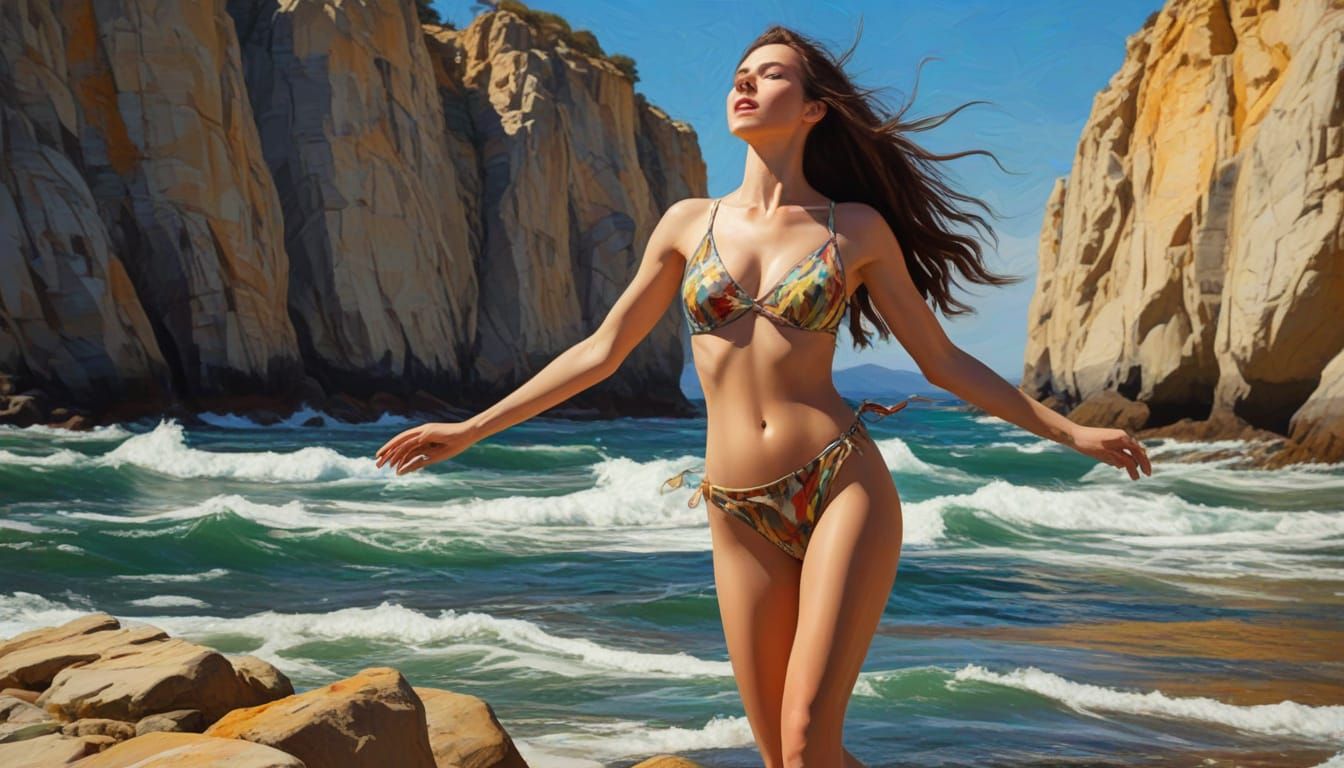 Vibrant Neo-Expressionist Portrait on Rocky Coastline