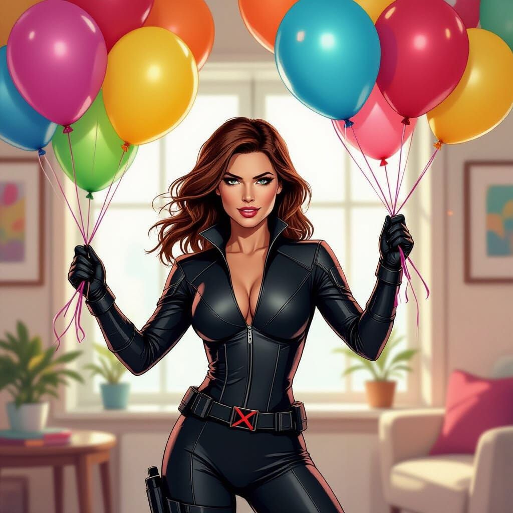 Black Widow Popping Balloons in Digital Painting Style