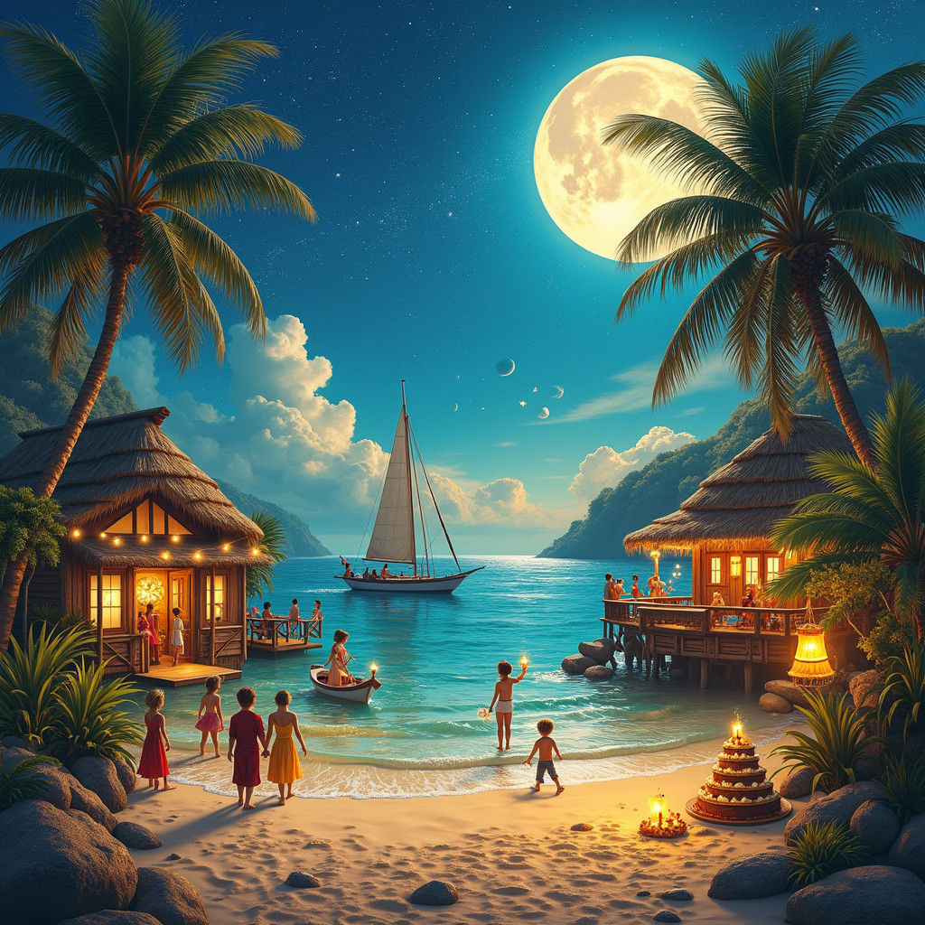 Tropical Island Celebration in Digital Oil Painting