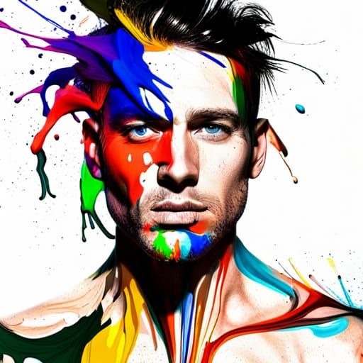 Colorful Paint Streams on Black and White Portrait