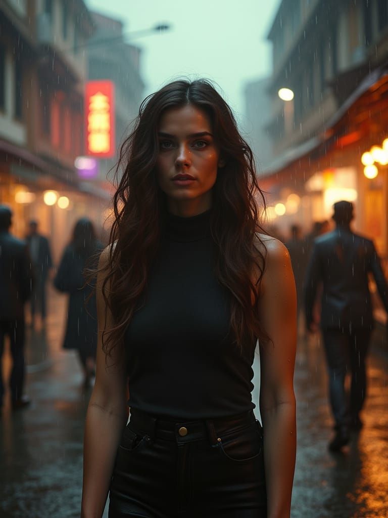 Cyberpunk Goddess in Rainy Bazaar