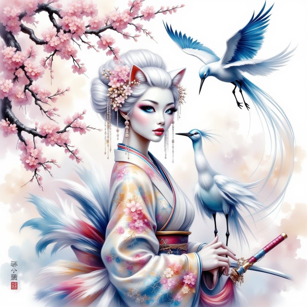Cat Geisha with Cranes in Dreamy Japanese Style