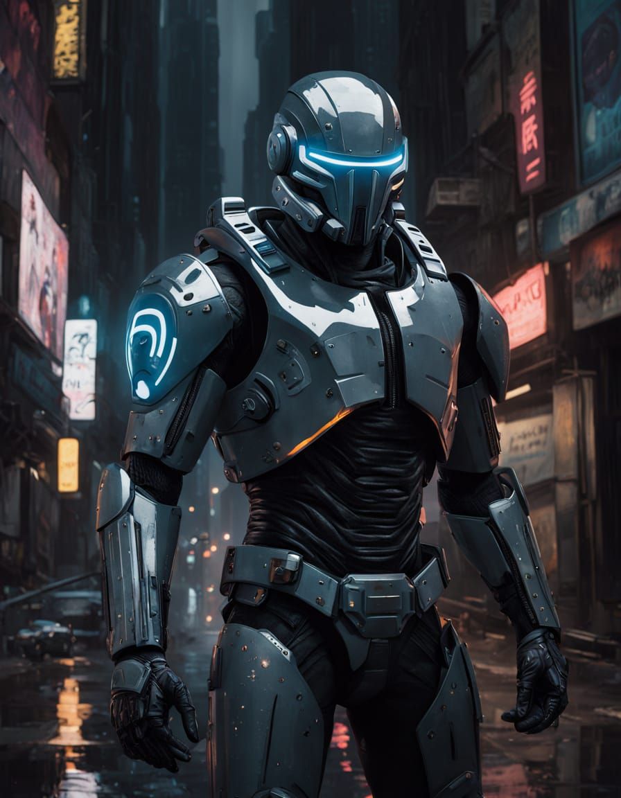 Cyberpunk Mercenary in Dark Alleyway