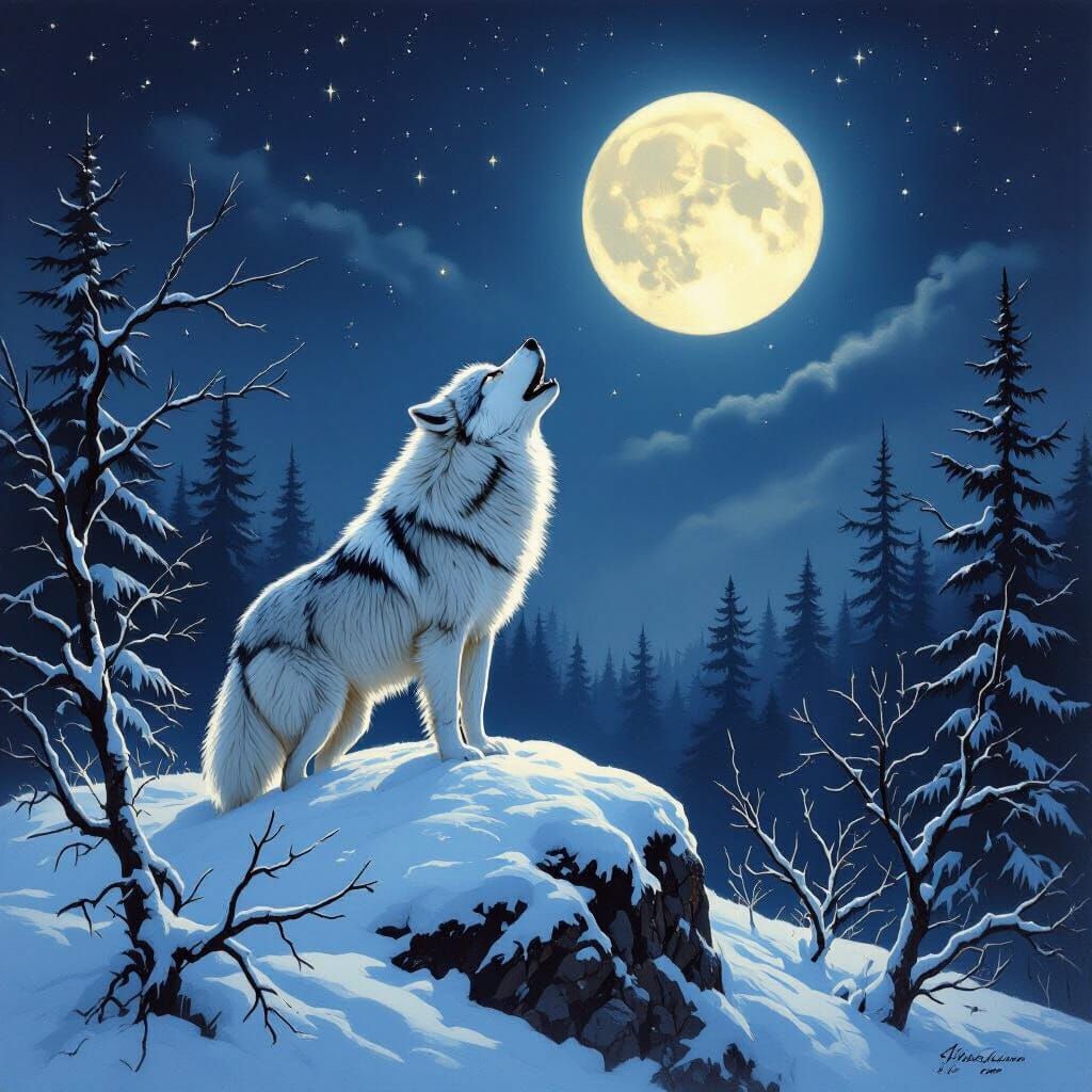 Lone Wolf Howling at Moon in Wildlife Art Style