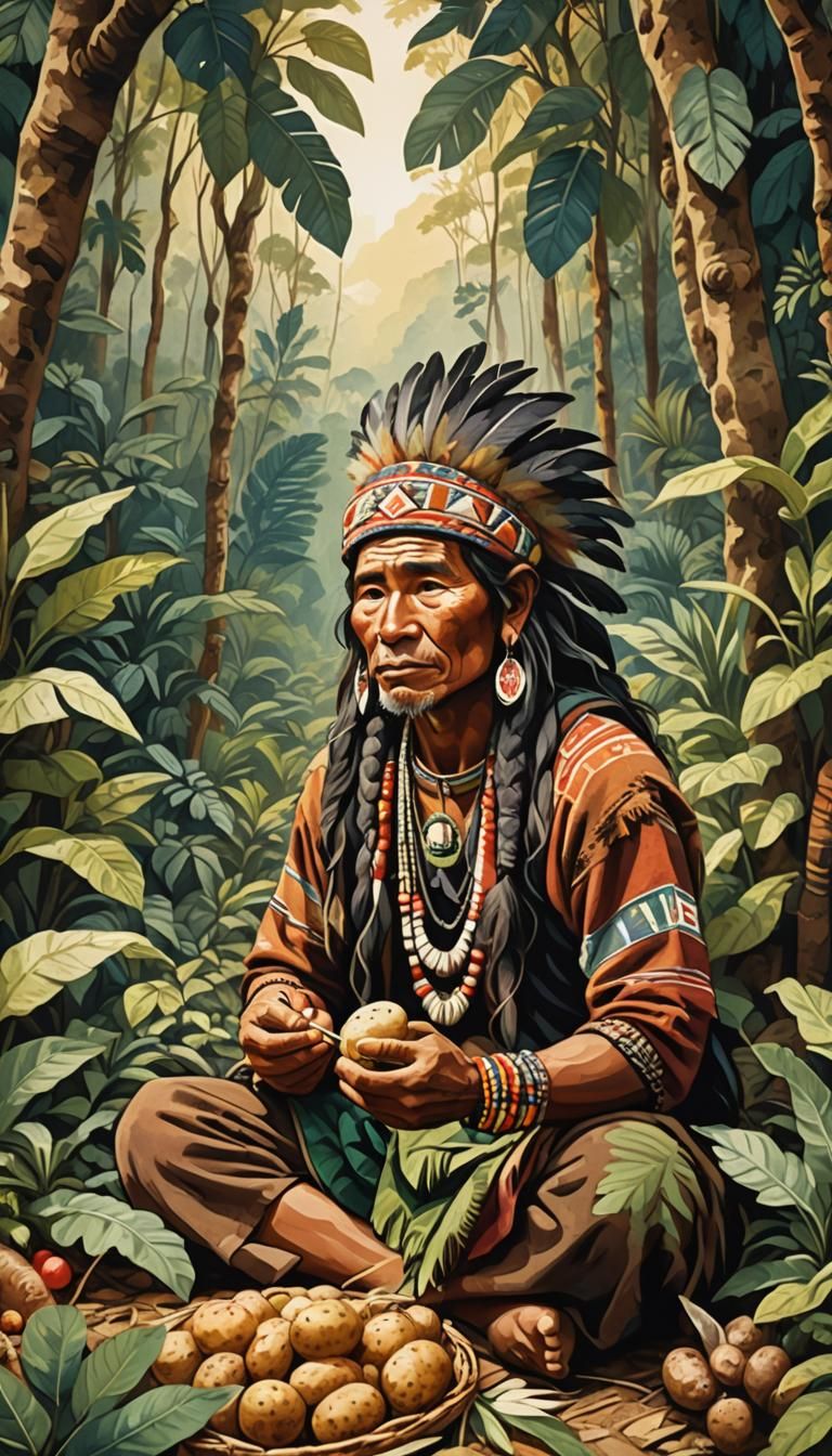 Inka Man Eating Potatoes in Andean Forest