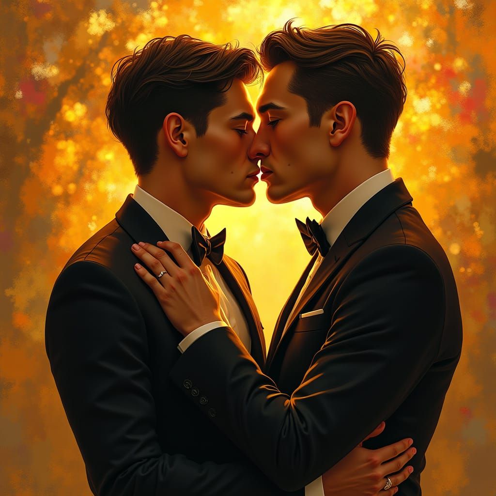 Gay Lovers Embracing in Golden Radiance