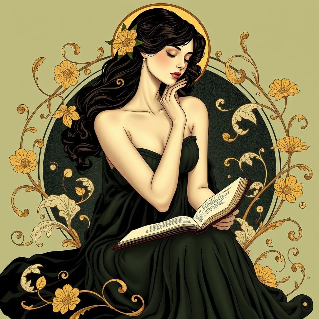 Ethereal Art Nouveau Woman Contemplates Ancient Texts